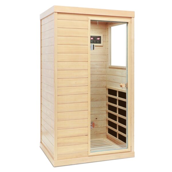Hemlock Mini 1 Person Far Infrared Door On The Right Of The Indoor Sauna Room - Natural