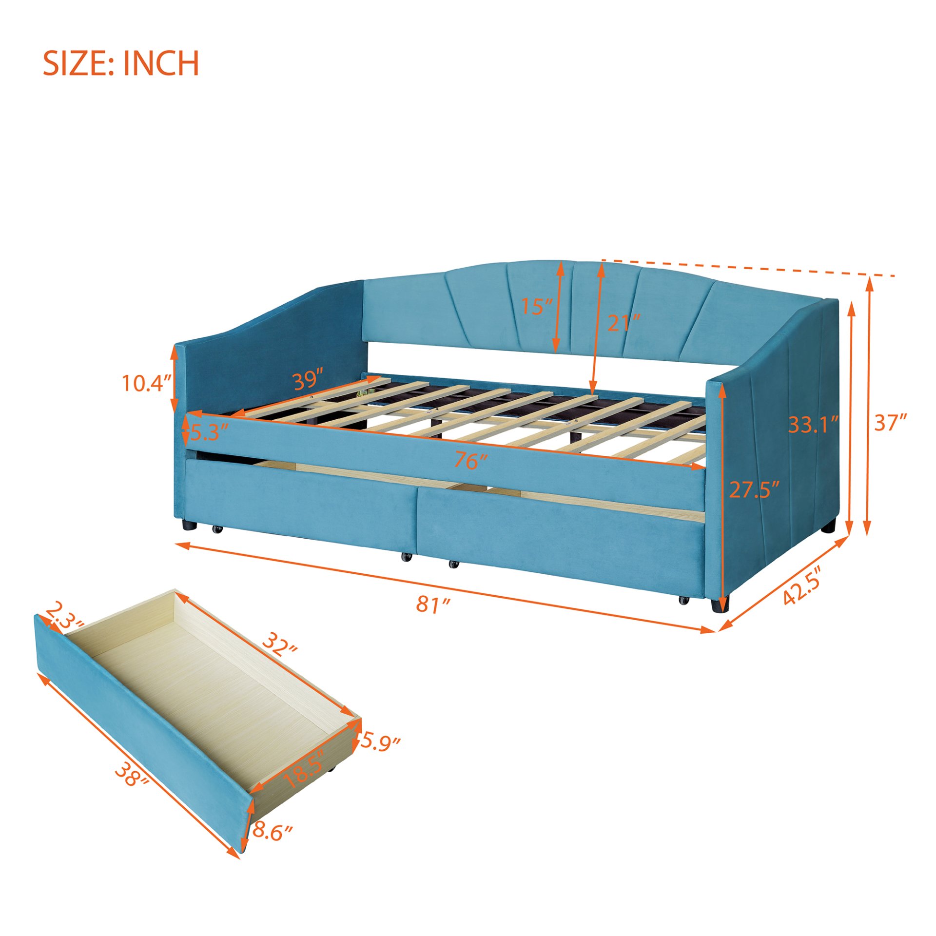 Twin Size Upholstered Daybed With Two Drawers And Slat - Blue - Image 11