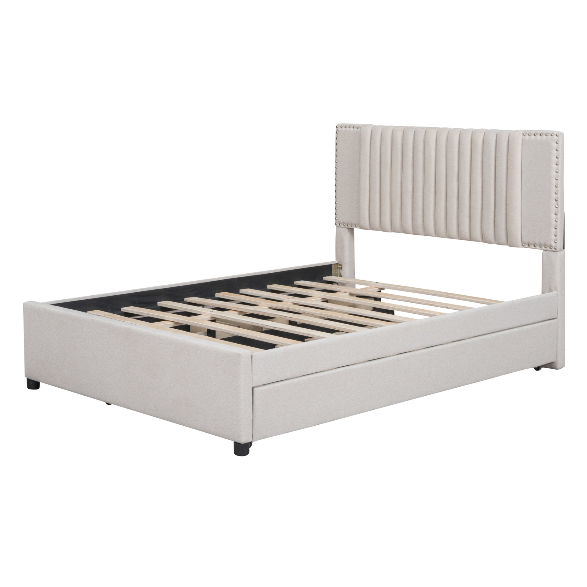 Full Size Upholstered Platform Bed With 2 Drawers And 1 Twin Size Trundle, Classic Headboard Design - Beige - Image 8