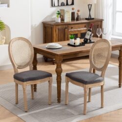 French Style Solid Wood Frame Antique Painting Linen Fabric Rattan Back Dining Chair (Set of 2) - Gray