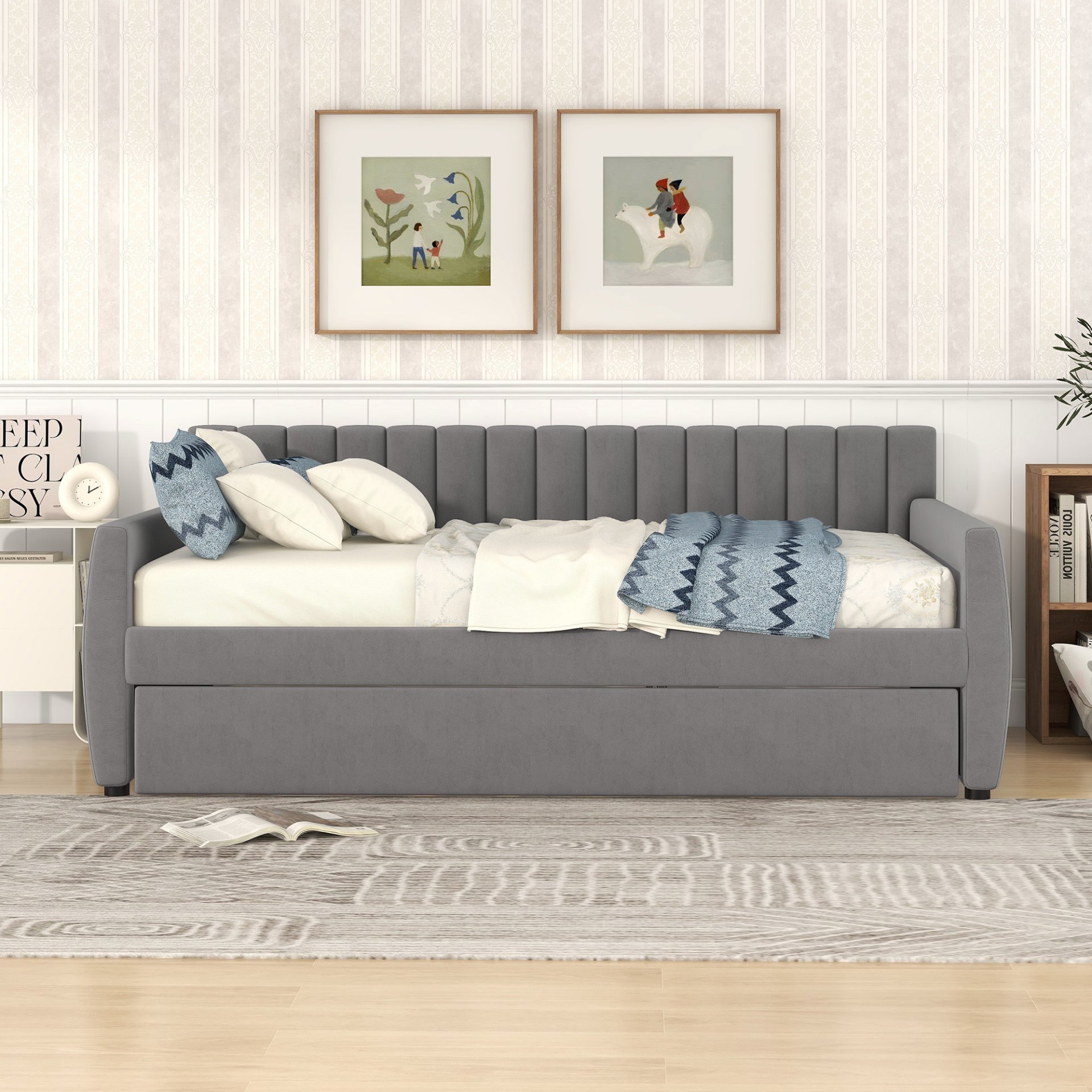 Full Size Upholstered Daybed With Trundle And Slat Support - Gray - Image 2