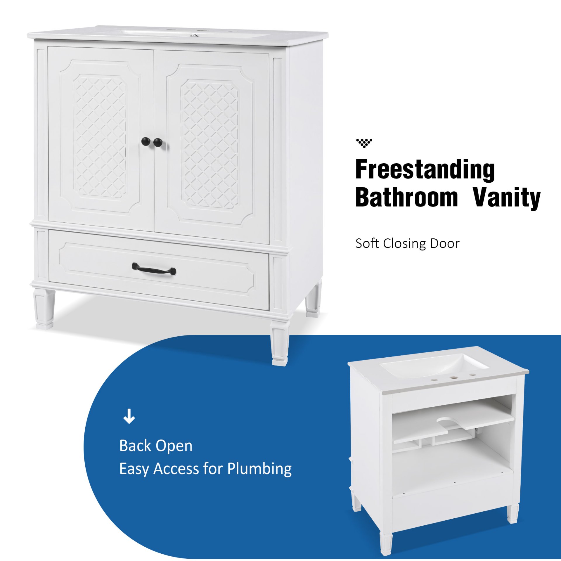Vintage Style 30" Bathroom Vanity With Sink, Multi Functional Storage, Soft Closing Door - White - Image 6