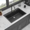 Modern Quartz Composite Waterfall Kitchen Sink With Pull Out Faucet, 33 X 22" - Black - Image 8