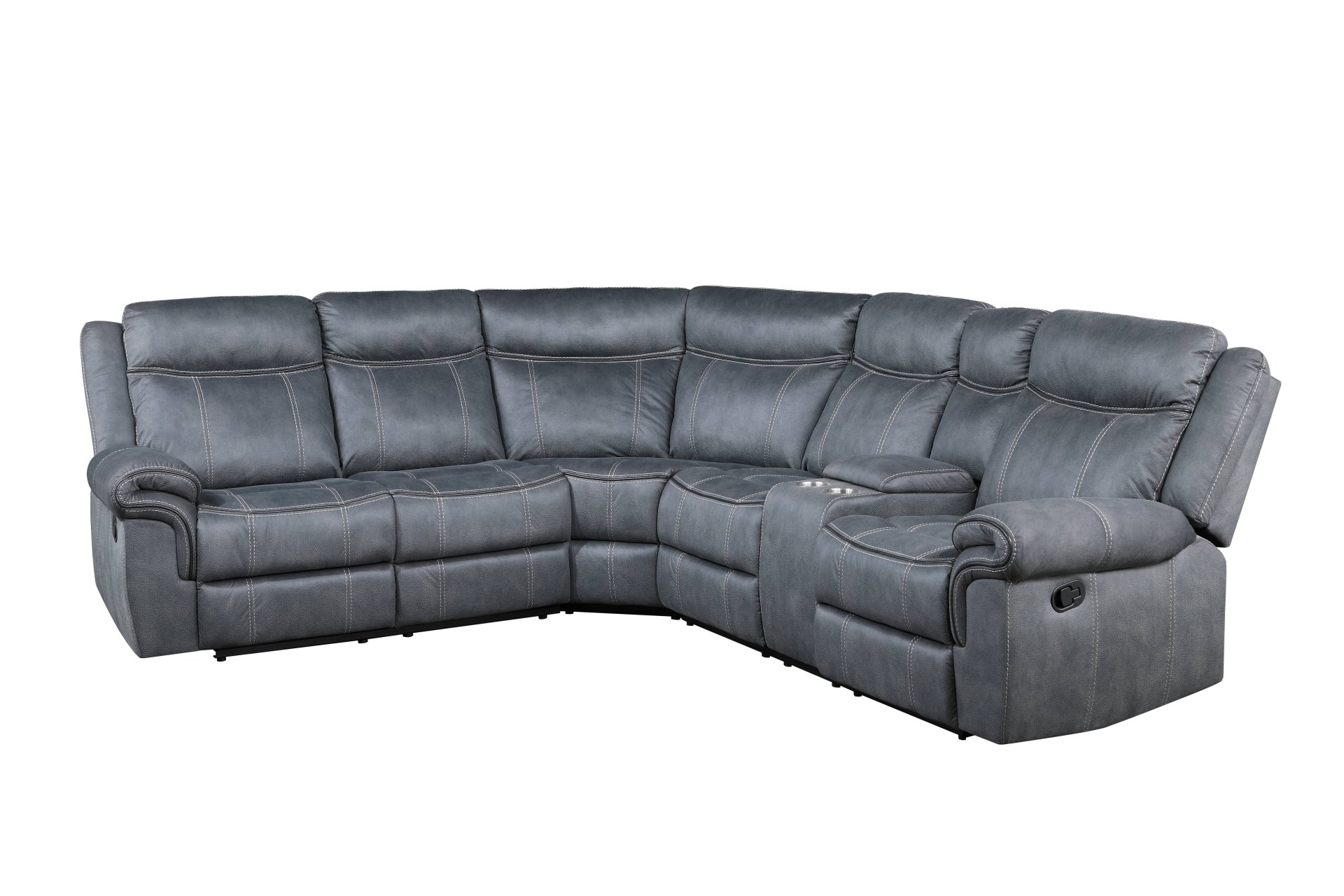 Dollum - Two Tone Nubuck Manual Recliner Sectional Sofa With USB Port Cupholder Console - Gray - Image 4