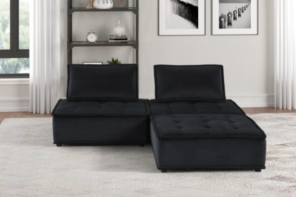 Anna - Velvet 3 Piece Sectional Sofa Ottoman - Black