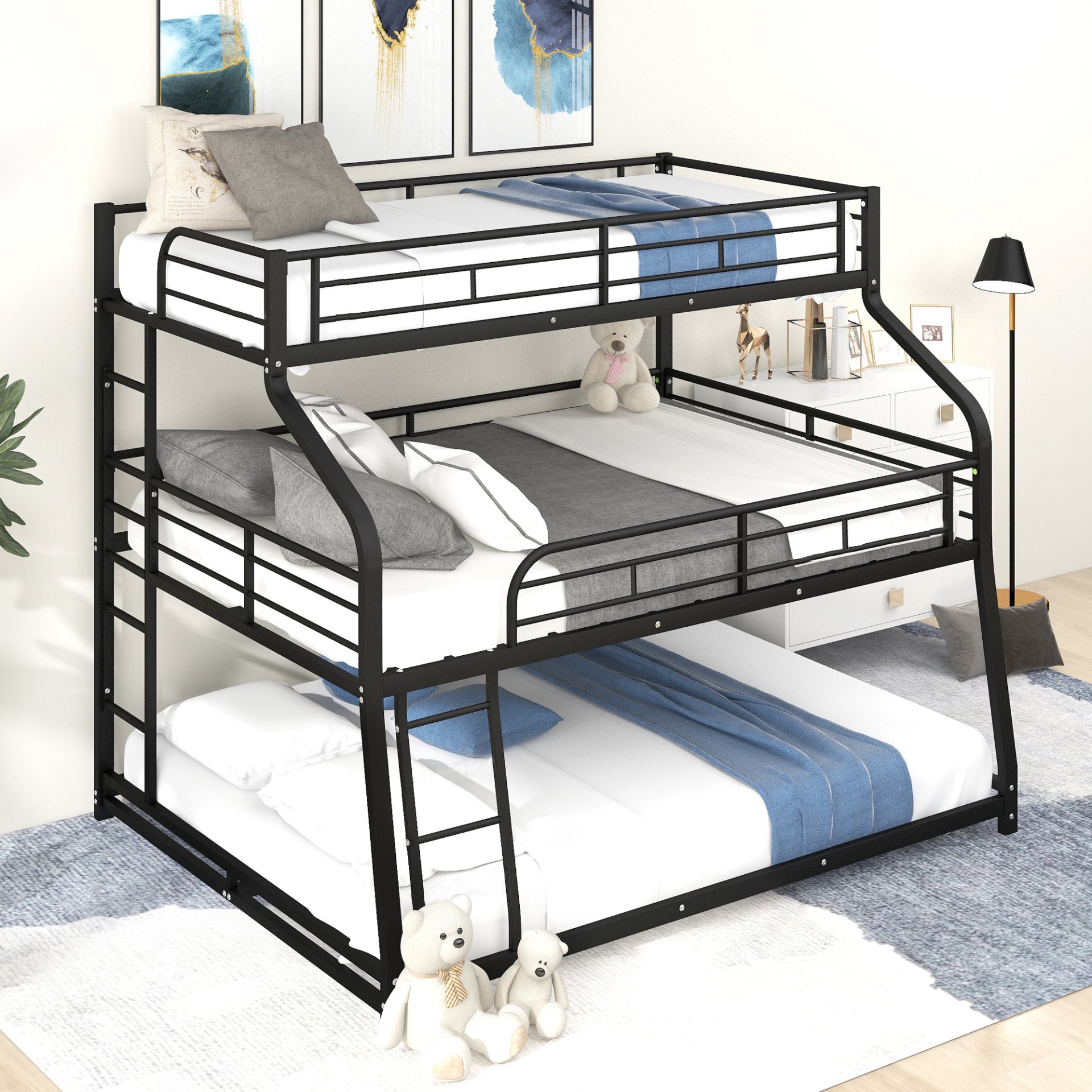 Twin Long / Full Long / Queen Triple Bunk Bed With Long And Short Ladder And Full-Length Guardrails - Black - Image 4