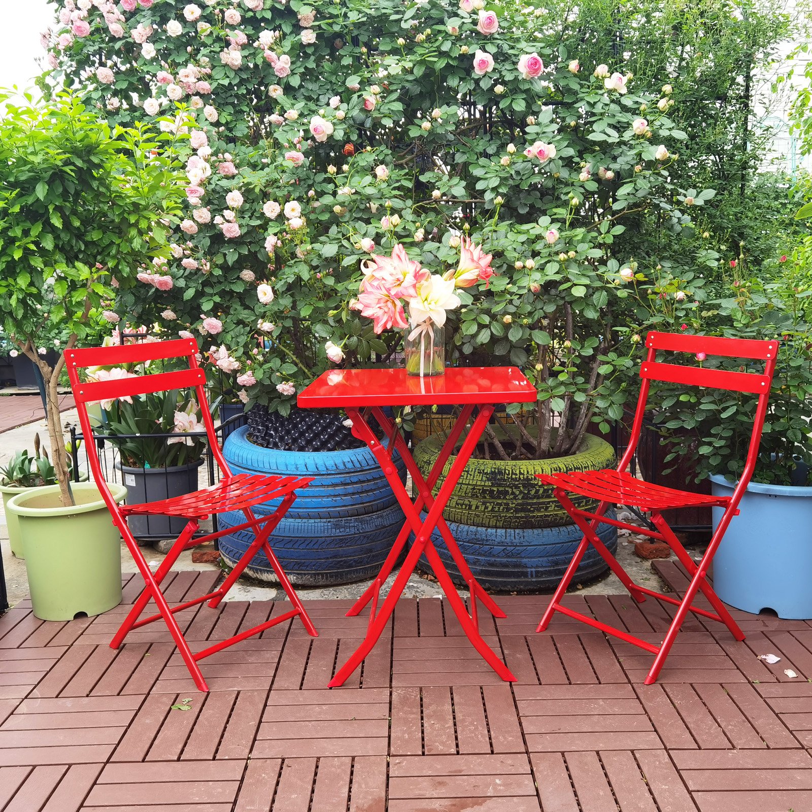 3 Piece Patio Bistro Set Of Foldable Square Table And Chairs - Red - Image 6