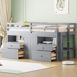 Twin Size Loft Bed With 4 Drawers, Underneath Cabinet And Shelves - Gray