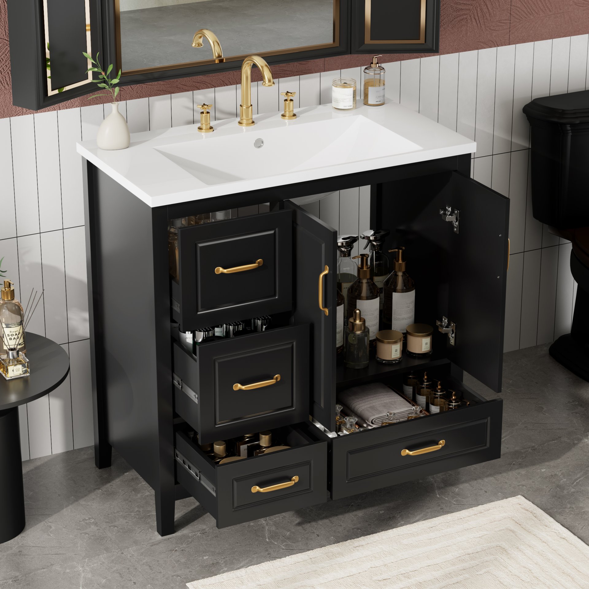 Bathroom Vanity With Sink, Soft Closing Doors & Drawers, Metal Handles - Black - Image 2
