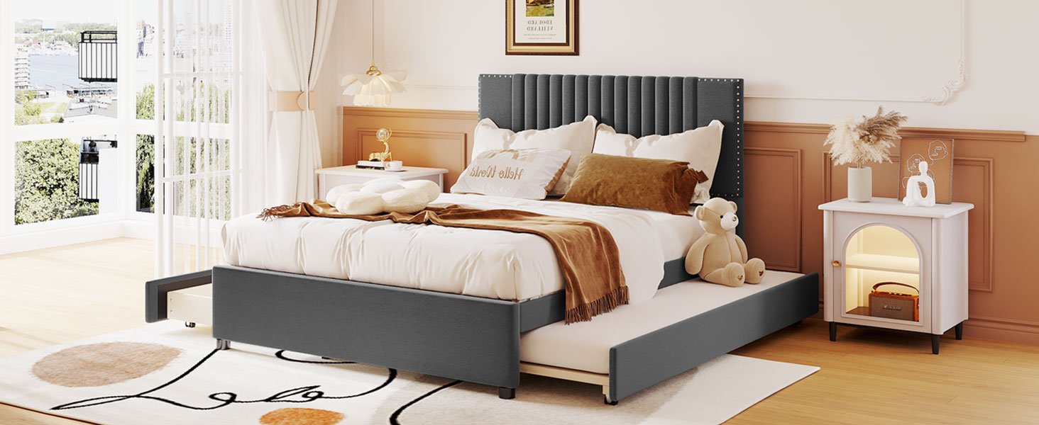 Full Size Upholstered Platform Bed With 2 Drawers And 1 Twin Size Trundle, Classic Headboard Design - Gray - Image 16