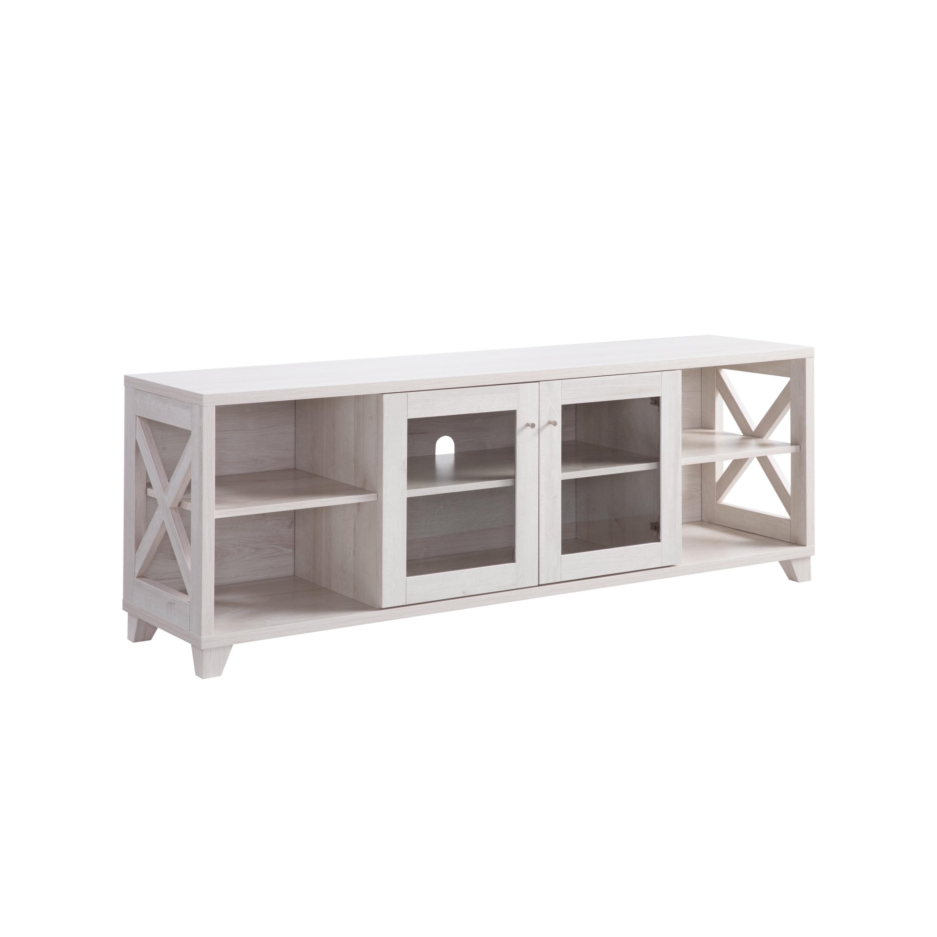 Farmhouse Home Entertainment Center, TV Stand With 4 Shelves And Transparent Center Cabinet - White Oak - Image 3