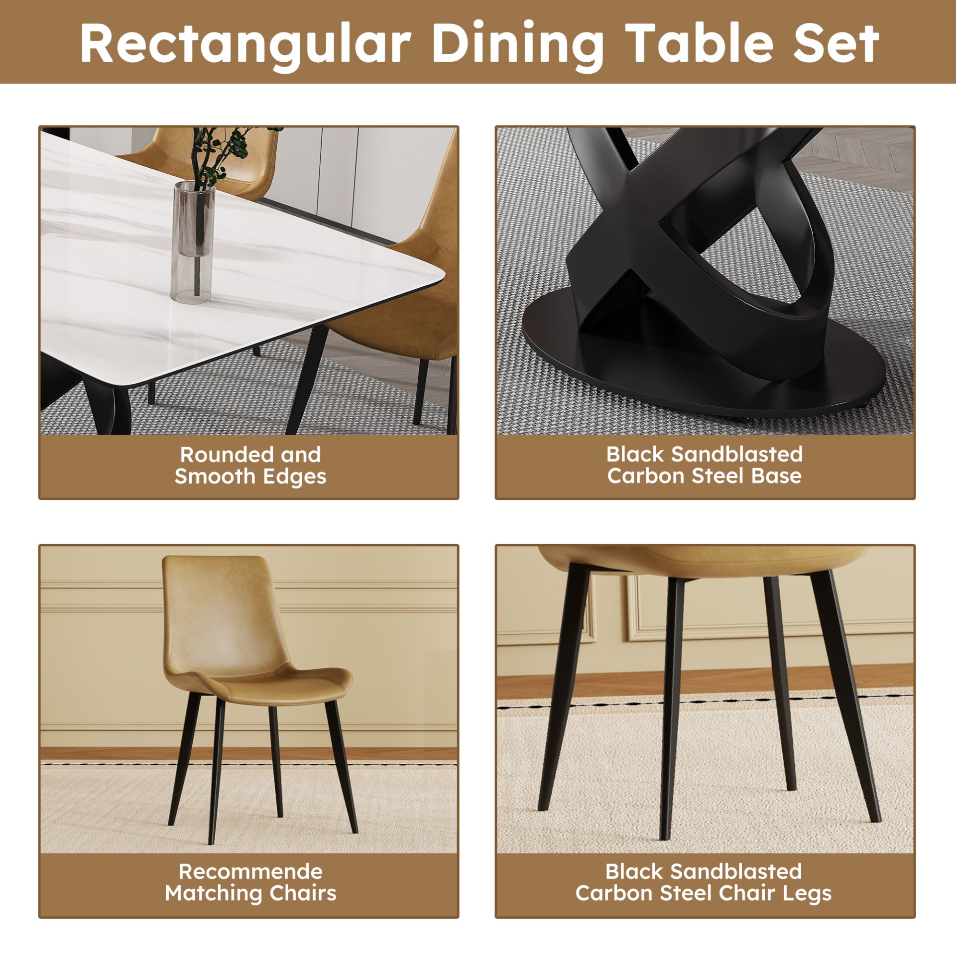 Rectangular Dining Table, For Dinner Party, 4 Chairs - Black / White - Image 12