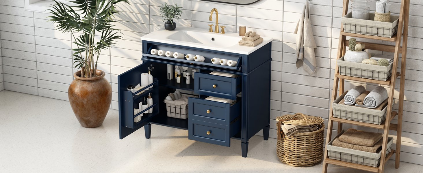 Bathroom Vanity With Top Sink, Modern Bathroom Storage Cabinet With 2 Drawers And A Tip-Out Drawer, Single Sink Bathroom Vanity - Blue - Image 21