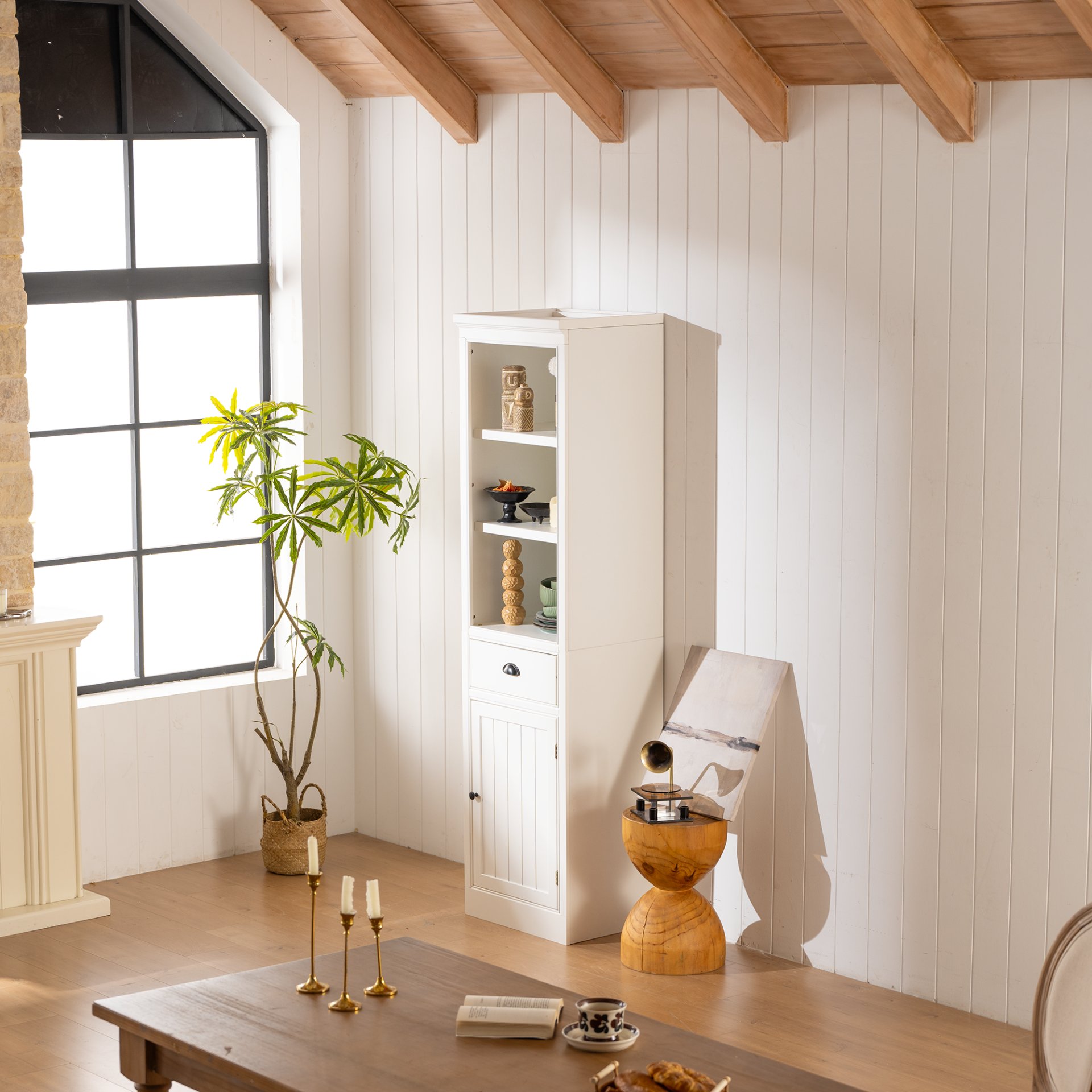 Retro Style 75'' Tall Display Shelf With Cabinet For Hallways Living Room Kitchen - White - Image 8