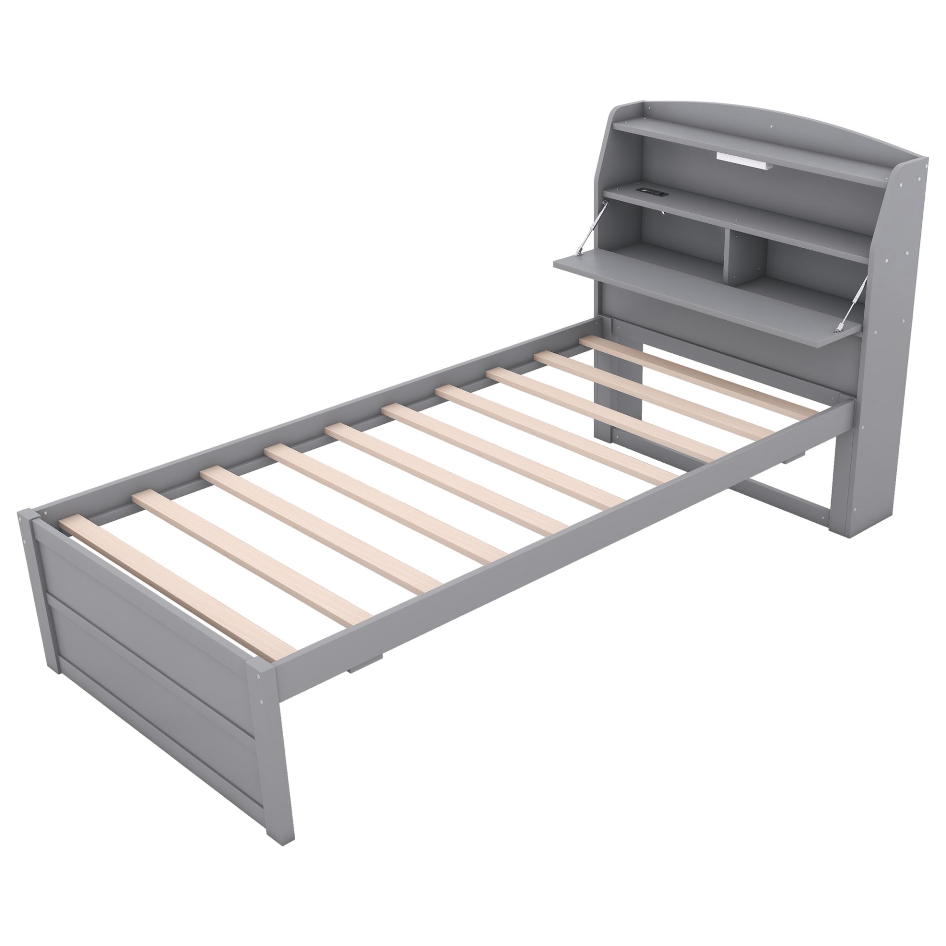 Twin Size LED Platform Bed With Trundle With Storage Headboard With Drawers - Gray - Image 9