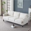 Rolled Arm Sofa With Nailhead Trim 3 Seater Upholstered Couch With Wooden Legs For Living Room Or Bedroom Deep Seat Design - Beige - Image 3