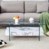 Modern 2 Tier Coffee Table With Clear Tempered Glass And Marble Texture Multifunctional Storage Design - Transparent / White - Image 6