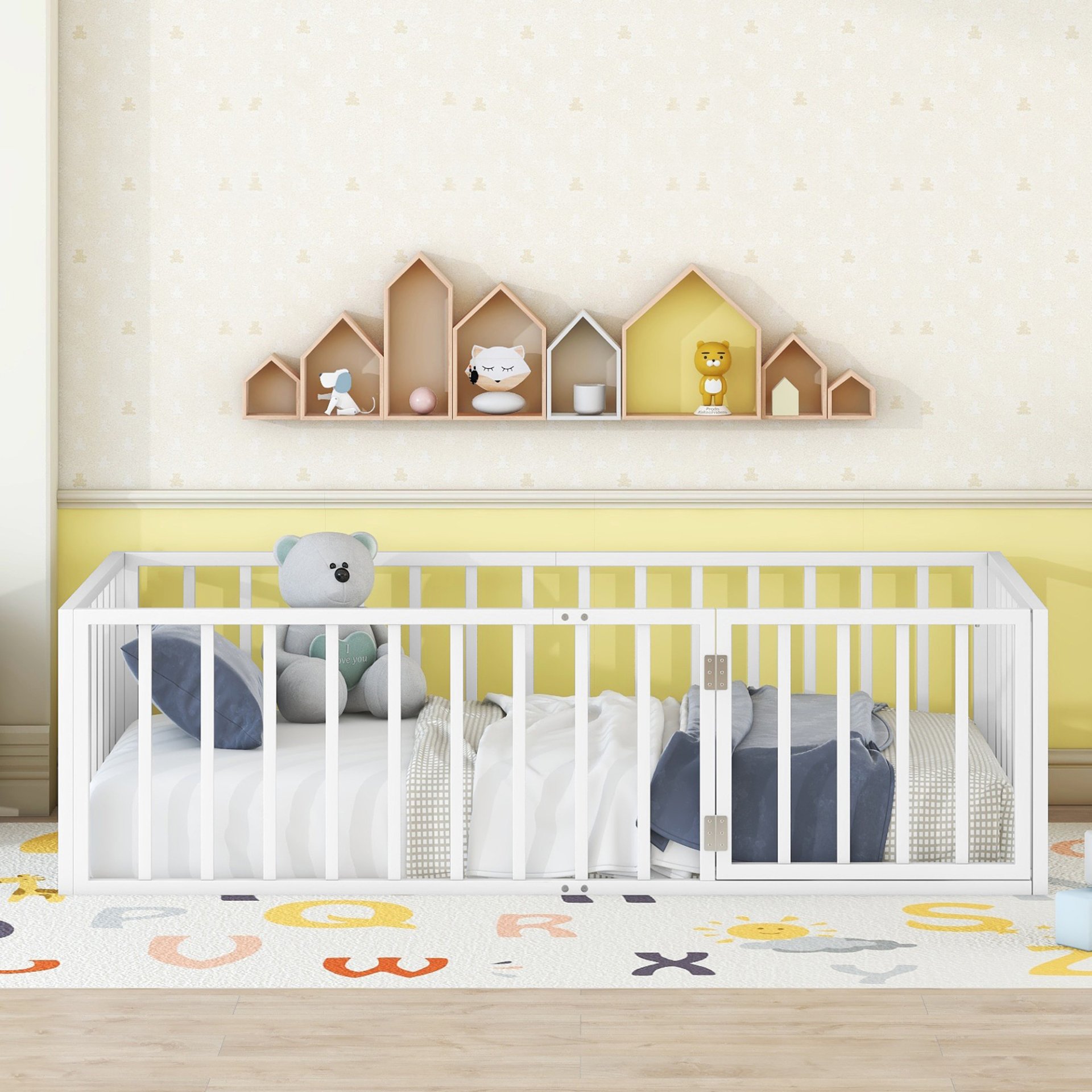 Twin Size Floor Bed Frame With Fence And Door - White - Image 3