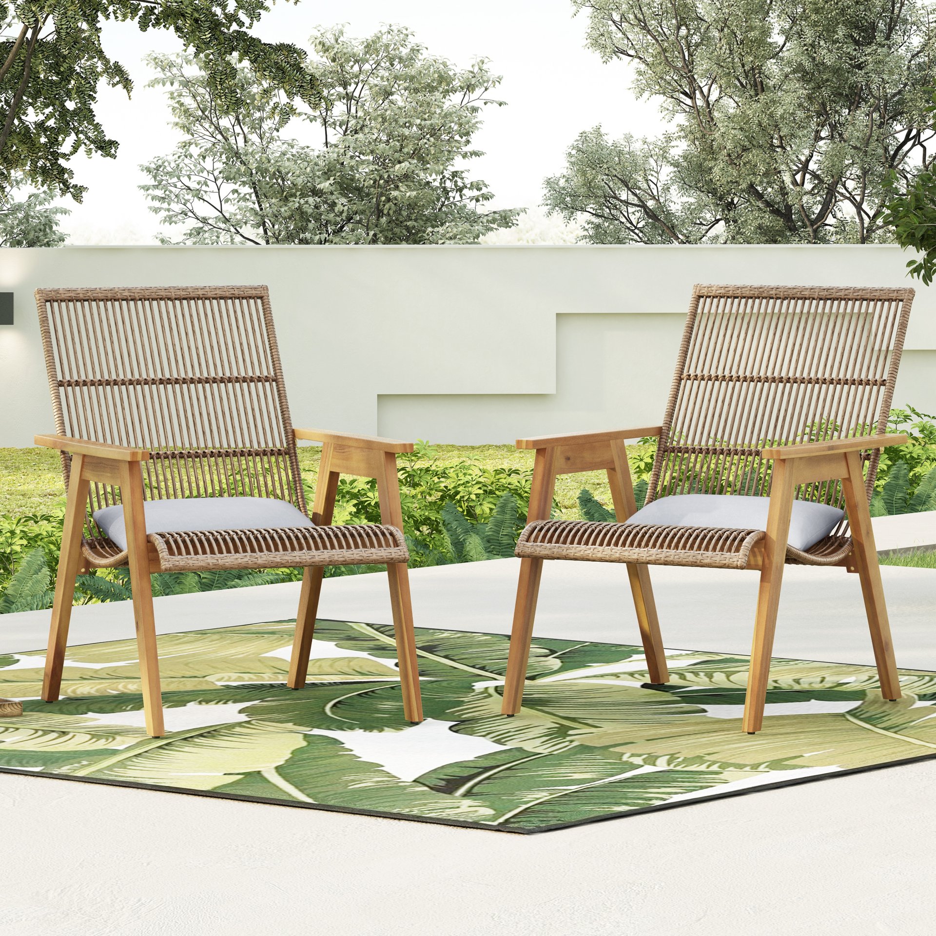 Acacia Wood Cape Woven Wicker Large Lounge Chair With Pillow For Patio, Deck, Yard, Lawn And Garden Seating Wicker (Set of 2) - Teak - Image 2