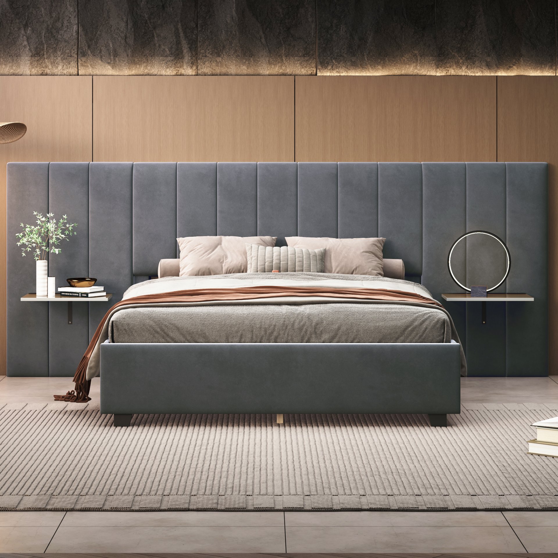 Full Size Upholstered Platform Bed With Big Headboard - Gray - Image 2