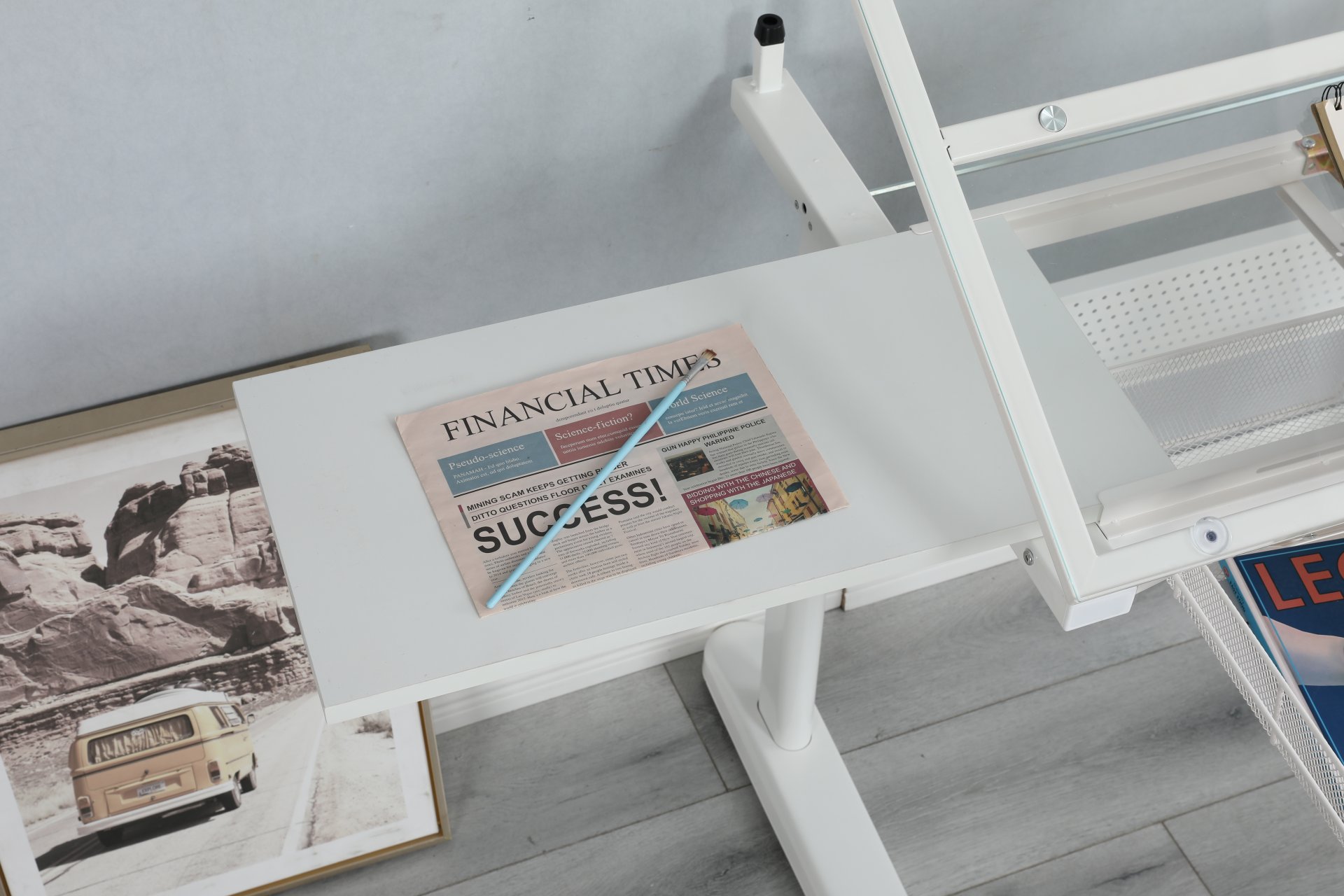 38.18" Hand Crank Adjustable Drafting Table Drawing Desk With 2 Metal Drawers With Stool - White - Image 5