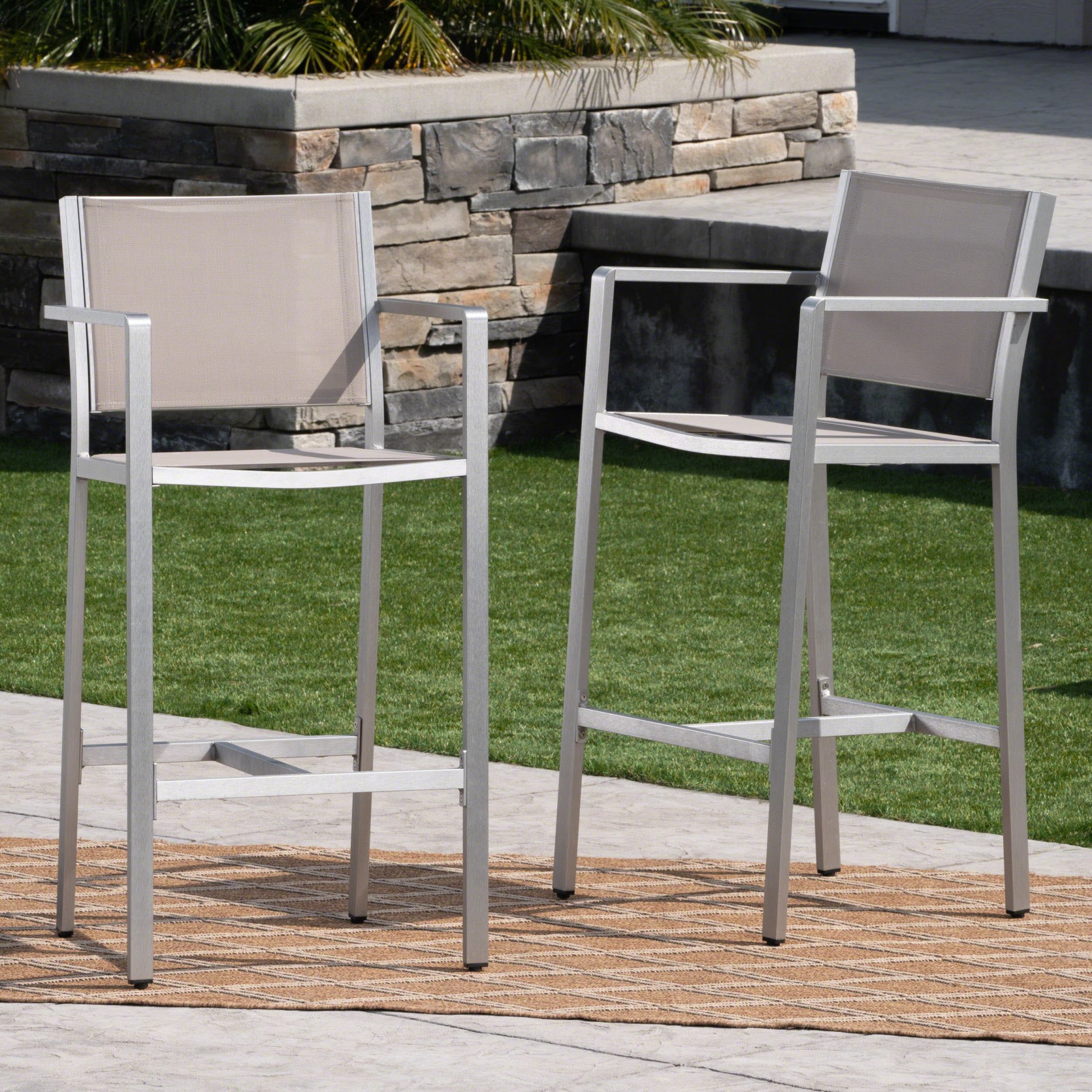 Outdoor Rust Proof Aluminum Barstools With Mesh Backrest And Seat (Set of 2) - Silver - Image 2