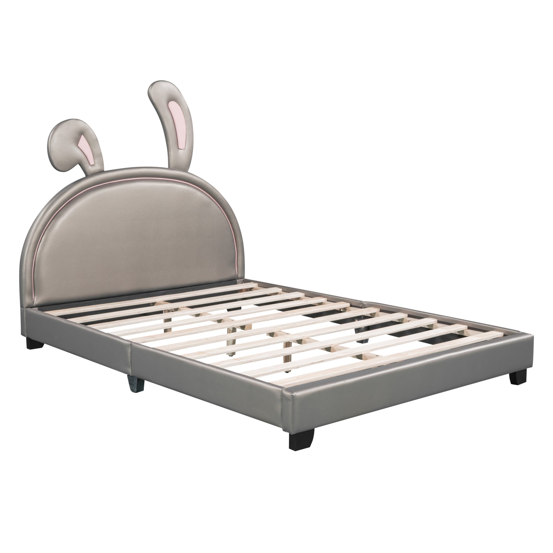 Full Size Upholstered Leather Platform Bed With Rabbit Ornament - Gray - Image 3