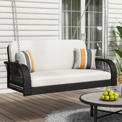 PE Wicker Porch Swing, 2 Seater Hanging Bench With Chains, Patio Furniture Swing For Backyard Garden Poolside - Black / Beige