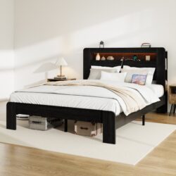 Platform Queen Bed Frame With Storage, LED Light Headboard, USB Ports, Noise Free - Black