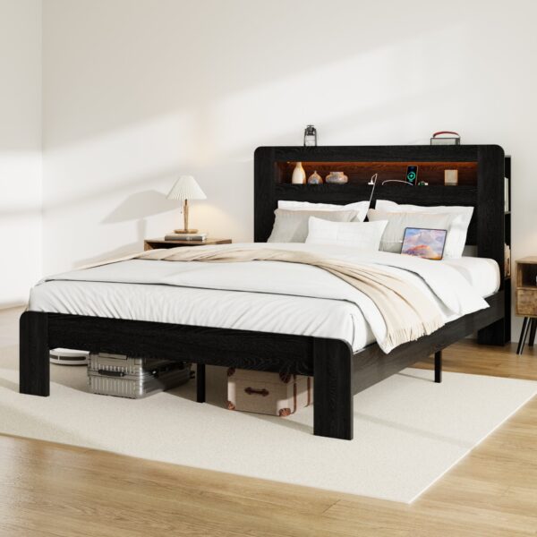 Platform Queen Bed Frame With Storage, LED Light Headboard, USB Ports, Noise Free - Black