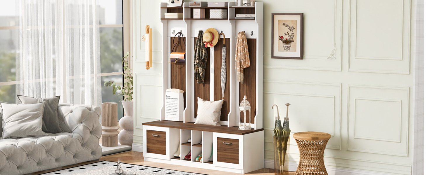 5 In 1 Entryway Bench With Coat Rack, 7 Sturdy Hooks, 2 Spacious Drawers And Adjustable Shelves, Wide Hall Tree With Metal Handles For Hallway - Brown / White - Image 9