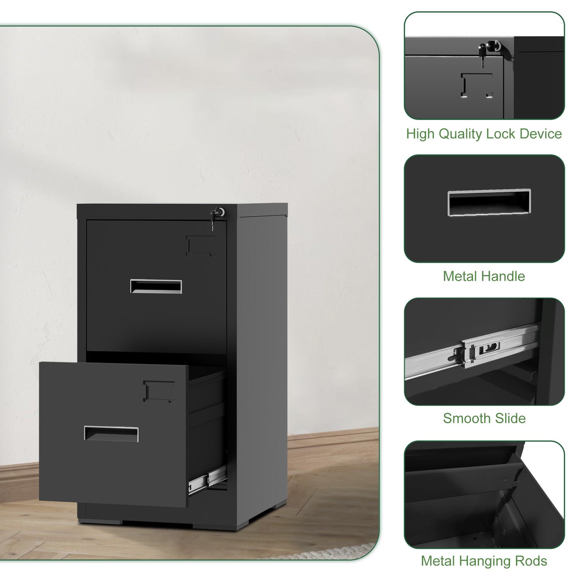Modern 2 Drawer Metal Vertical File Cabinet With Lock And Card Slot For Office And Home Use - Black - Image 9