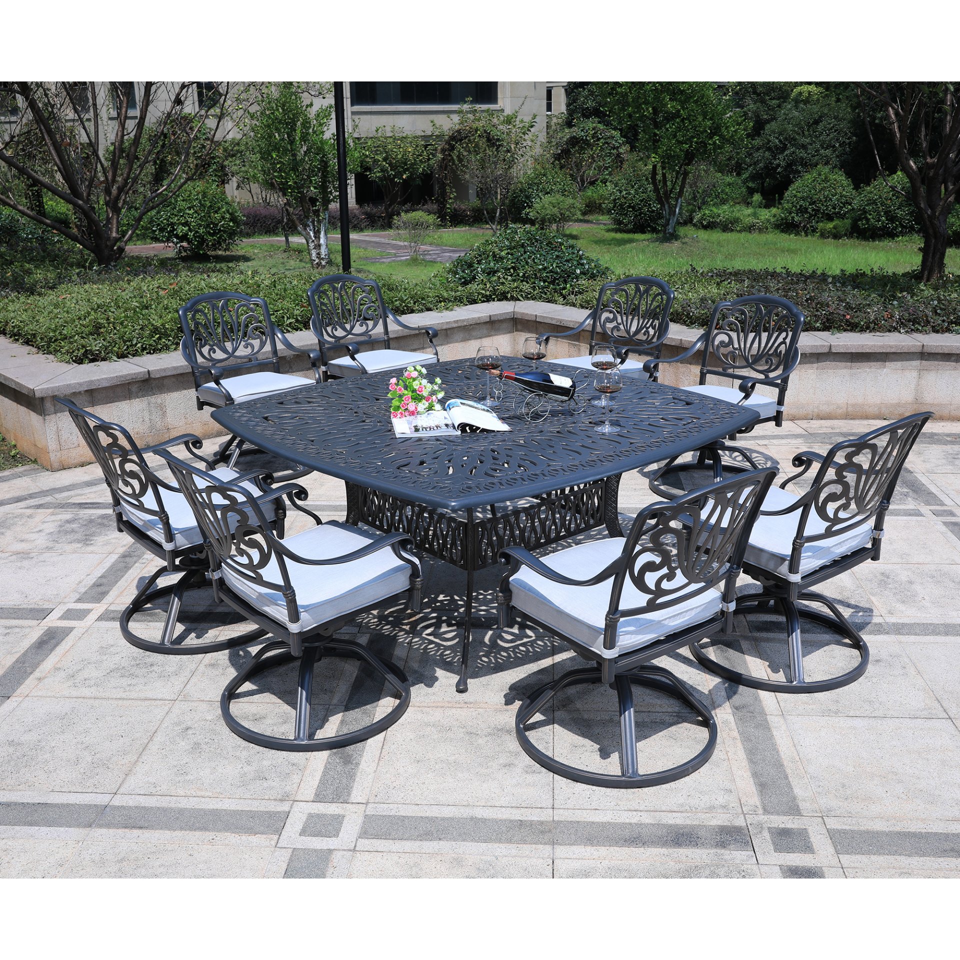 Square 8 Person 64" Long Aluminum Dining Set With Cushions With Swivel And Rocking Chairs - Dark Gray / White - Image 3