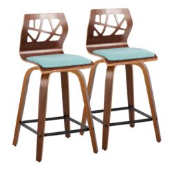 Folia - Mid-Century Modern Fixed Height Counter Stool With Swivel With Square Footrest (Set of 2) - Walnut / Teal