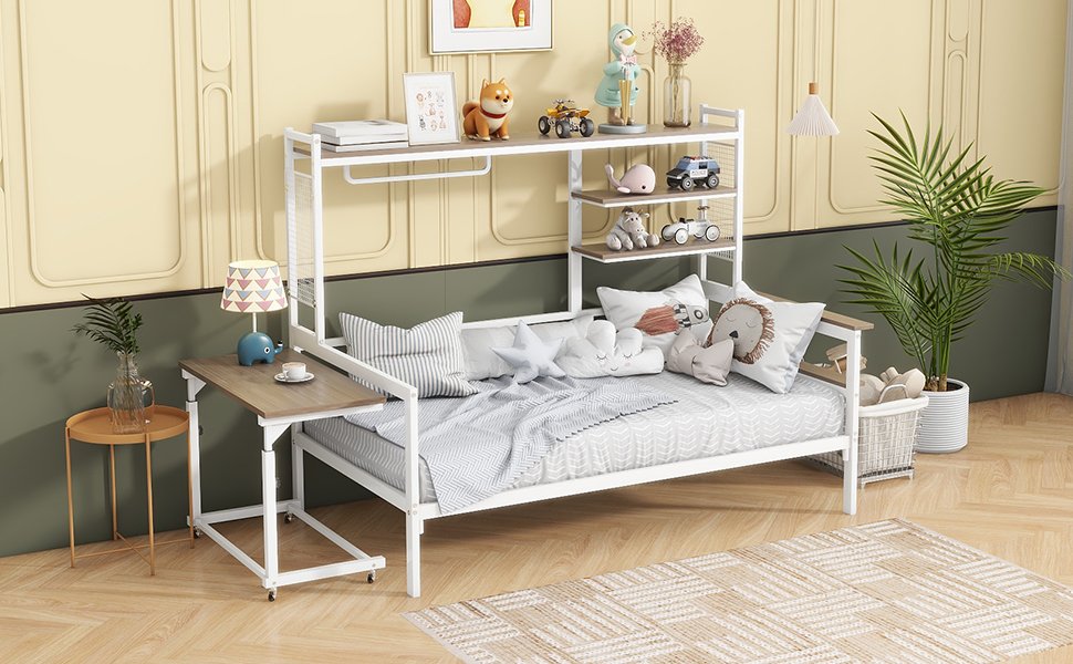 Twin Size Daybed With Movable Desk, Grid, Shelves And Clothes Hanger - White - Image 16