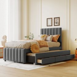 Twin Size Upholstered Platform Bed With Trundle And 3 Drawers - Gray