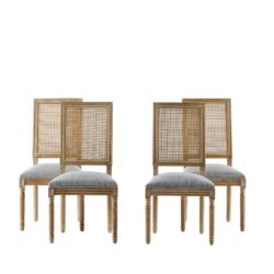 French Country Dining Chairs (Set of 4) Cane Backrest & Upholstered Seats, Rustic Weathered - Grayish Green