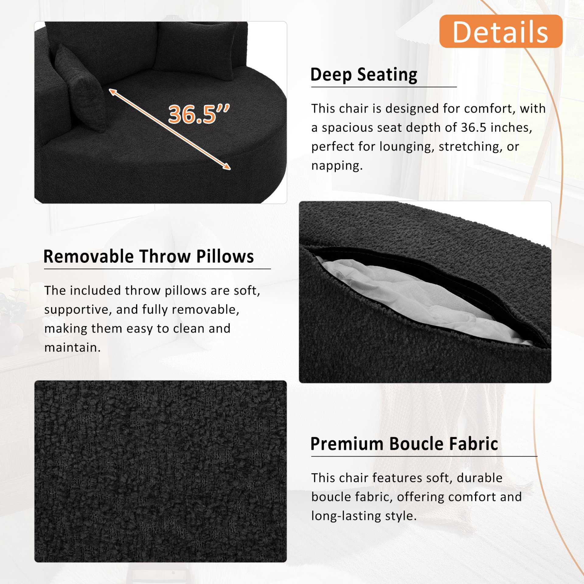 360 Degree Swivel Accent Barrel Chair With Removable Pillows - Black - Image 6