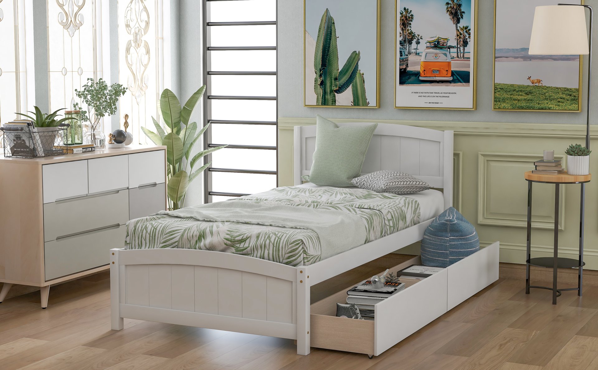 Twin Size Platform Bed & Two Drawers - White - Image 3