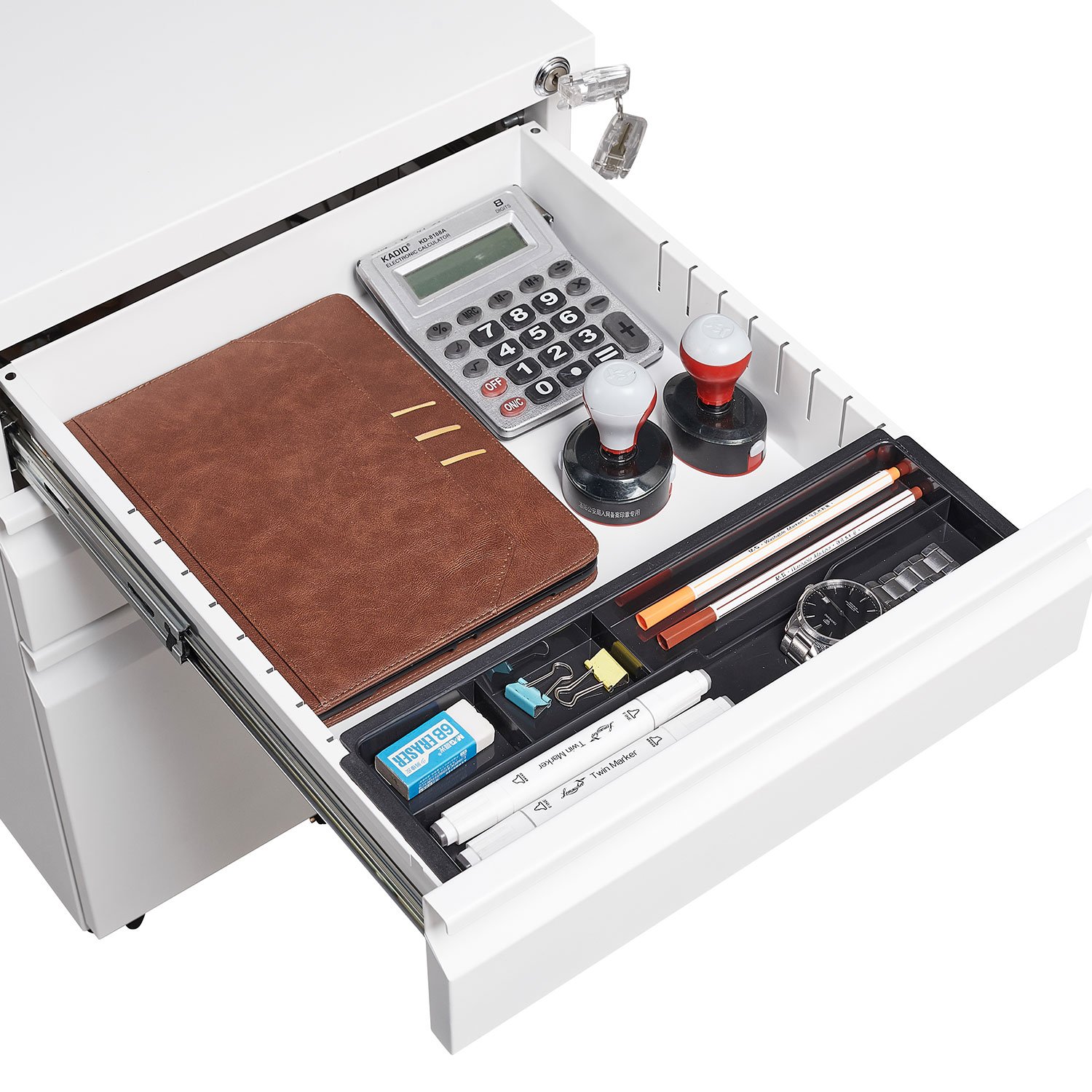 Modern 3 Drawer Mobile Filing Cabinet With Lock, Metal Office Storage, Legal / Letter Size - White - Image 17