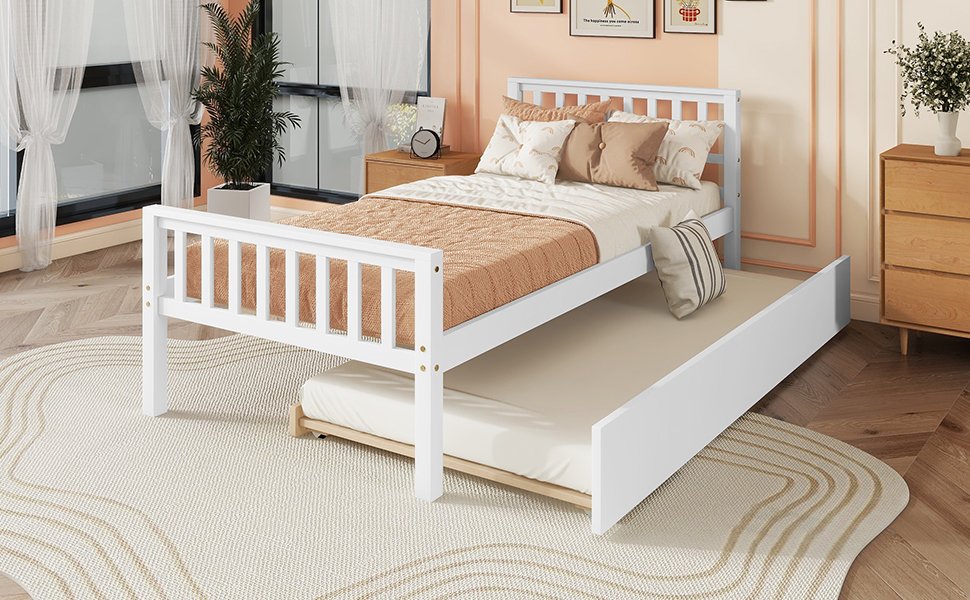 Twin Bed With Trundle, Platform Bed Frame With Headboard And Footboard, For Bedroom Small Living Space, No Box Spring Needed - White - Image 6
