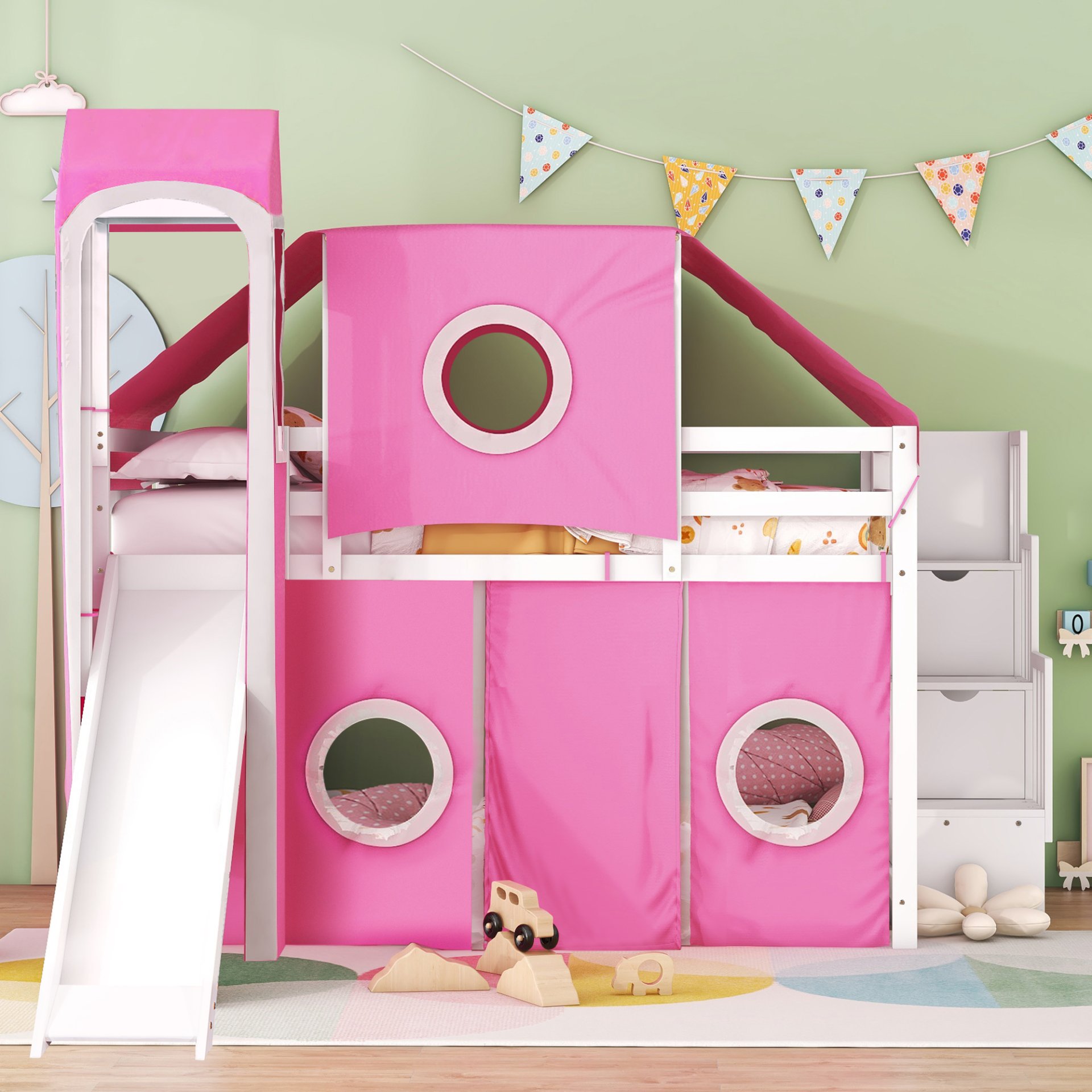 Full Size Loft Bed With Tent And Tower - Pink - Image 2