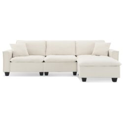 Modern Convertible Sectional L Shaped Reversible Couch Set With Free Pillows 4 Seat Suede Sleeper Sofa With Ottoman - Beige