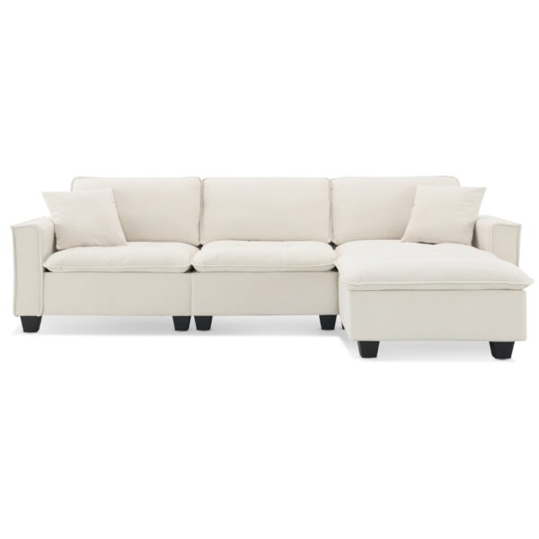 Modern Convertible Sectional L Shaped Reversible Couch Set With Free Pillows 4 Seat Suede Sleeper Sofa With Ottoman - Beige