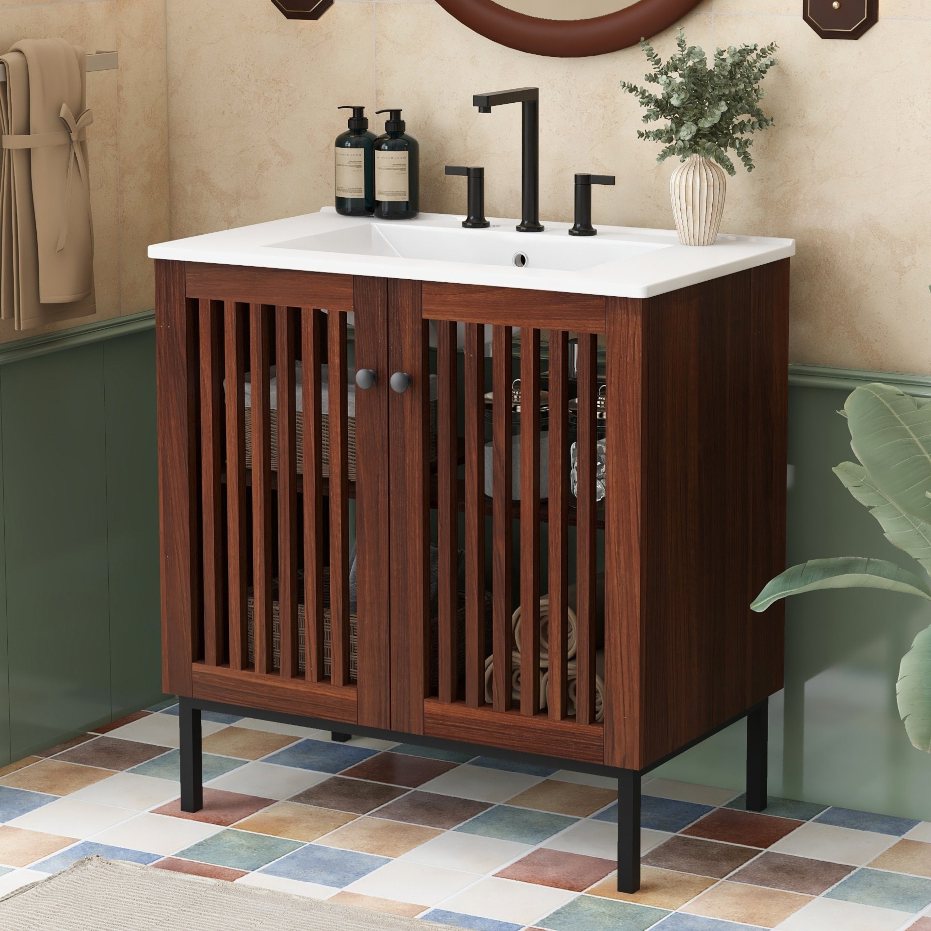 30" Vintage Bathroom Vanity With Ceramic Sink, Modern Bathroom Vanity Cabinet With 2 Soft Close Doors, Equpiied With 4 Sturdy Iron Legs - Antique Dark Brown - Image 2