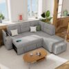 Sectional Sofa Pull Out Sofa Bed L - Shaped Sofa With Movable Ottoman And Stool, Large Storage Space, A Cup Holder, And 2 USB Ports For Living Room - Light Gray - Image 3