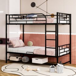 Twin Over Twin Bunk Bed With Shelf And Guardrails - Black