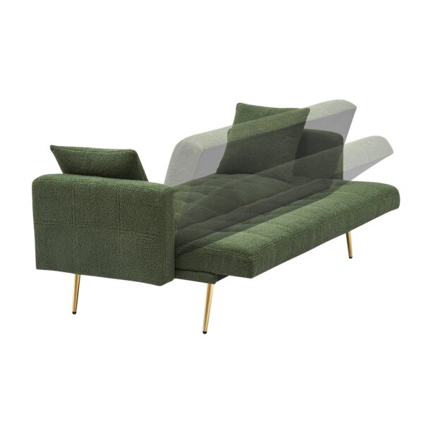 Elegant Teddy Fleece Sofa Bed With 2 Charming Throw Pillows Metal Legs - Green