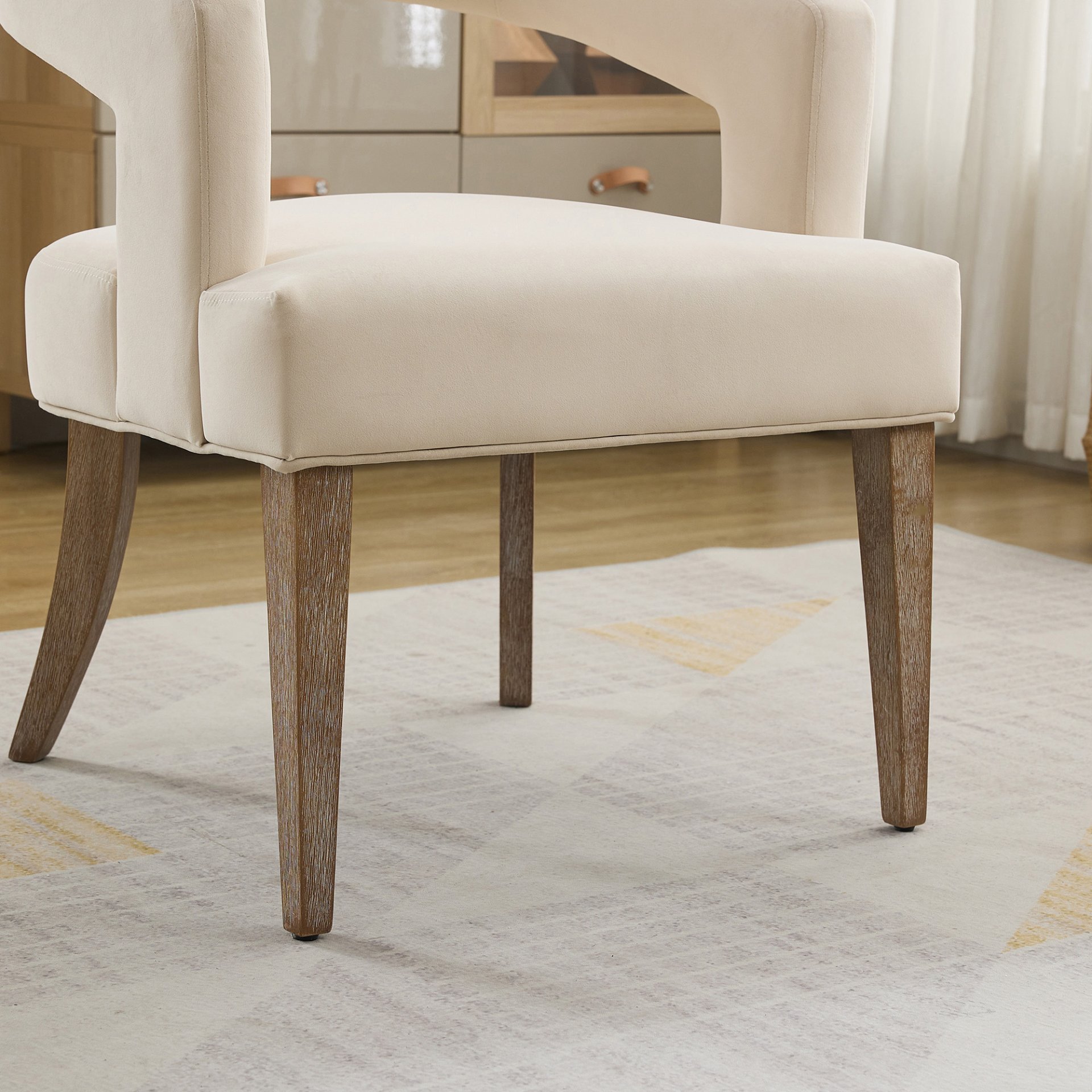 Wide Modern Barrel Open Back Upholstered Accent Chair With Weathered Solid Wood Legs Dining Chairs For Dining Room, Club, Kitchen And Living Room - Beige - Image 7