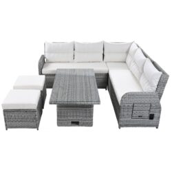 Outdoor Furniture Set Patio Rattan Furniture Set With An Adjustable Table, Recliners With Extendable Side Tables, And 2 Ottomans For Patio, Lawn, Backyard, Pool - Beige